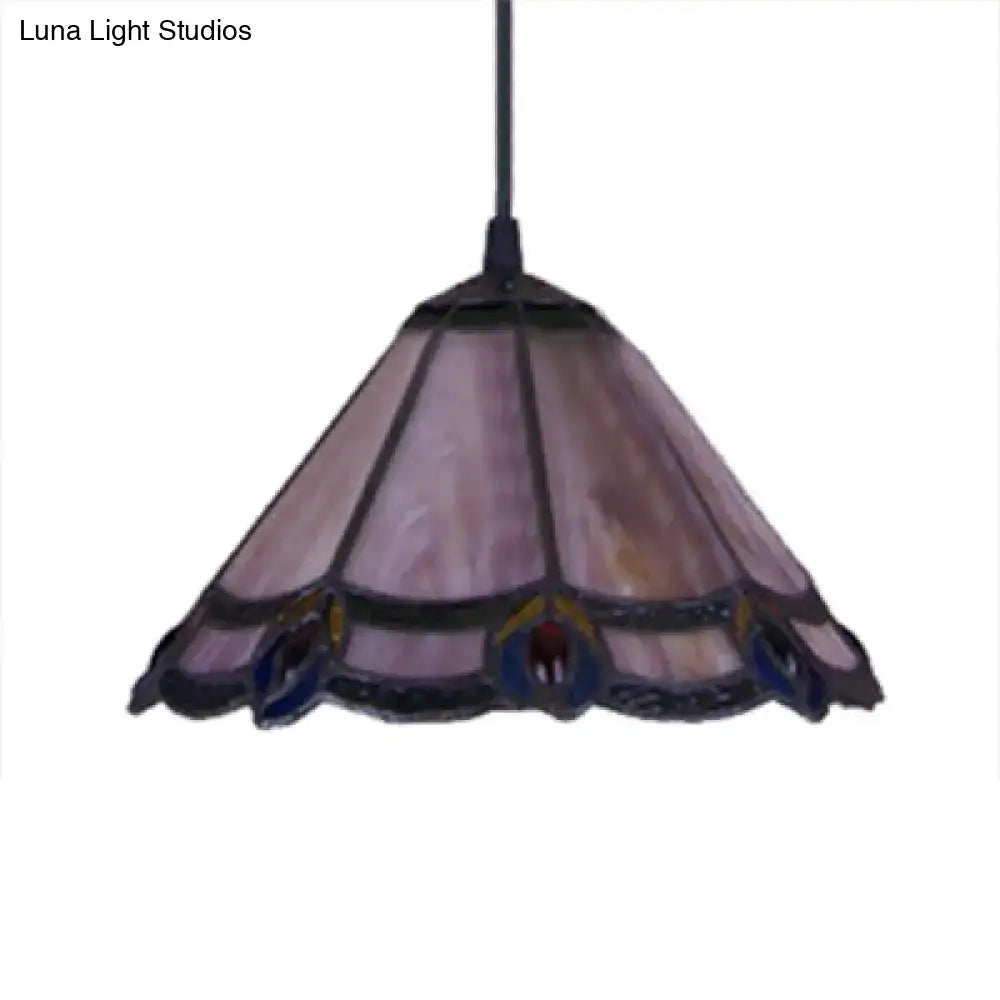 Decorbites™ loft tiffany living room pendant light with purple glass cone and scalloped edge peacock feather motifs