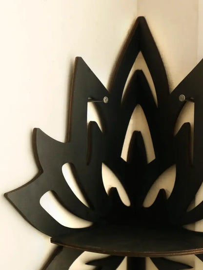 DecorBites™ lotus floating wall shelf in black laser-cut wood with flat open design and visible top screws