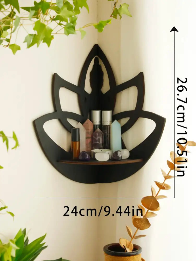 Black wooden lotus floating wall shelf with buddha silhouette cutout for multi-style home decor by DecorBites™