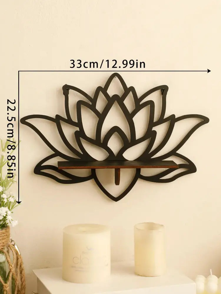 Black metal lotus floating wall shelf with wooden slat by DecorBites™ for versatile home decor display