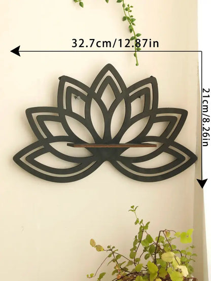 Black metal lotus floating wall shelf with a horizontal wooden stick for multi-style home decor by DecorBites™
