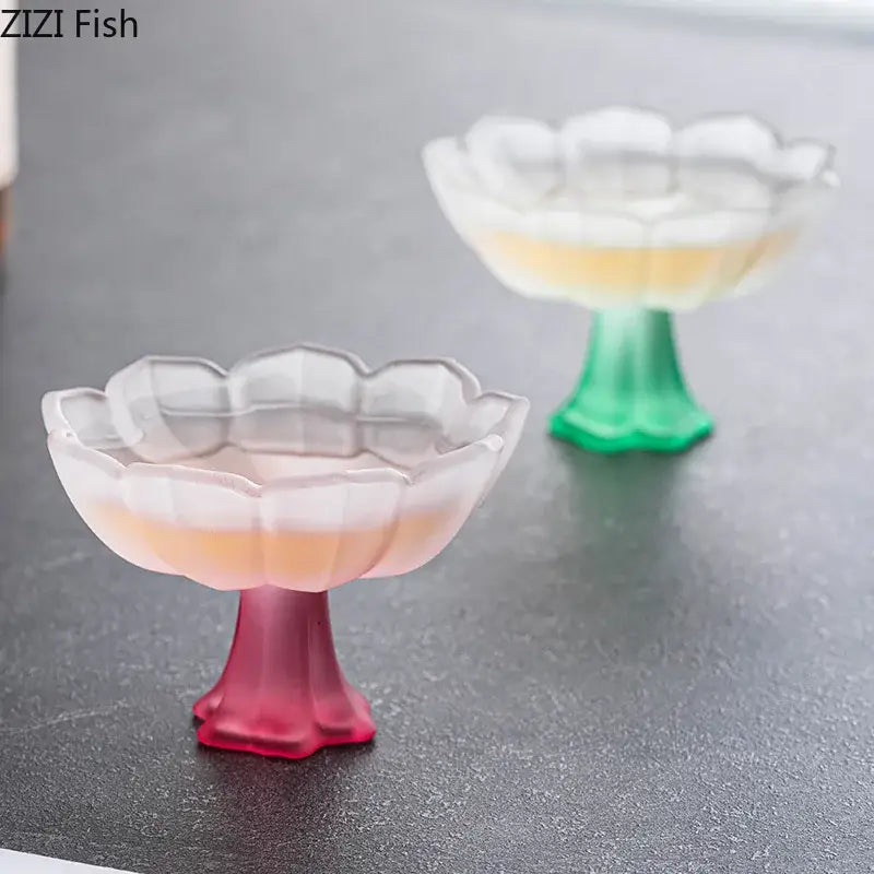 Decorbites lotus flower glass dessert bowl in pink and green gradient with petal shaped rim for elegant serving