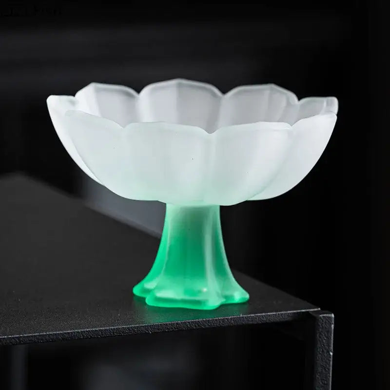 Translucent frosted glass dessert bowl with lotus flower design and vibrant green stem from decorbites lotus flower glass set