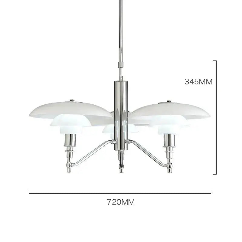 A decorbites lotus glass pendant light featuring a polished chrome finish and three white opal glass shades for dining rooms