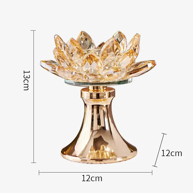 DecorBites™ golden lotus glass flower crystal candle holder with reflective metallic base for elegant home décor