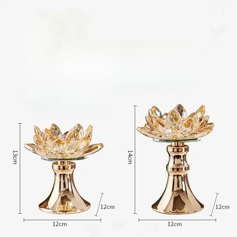 Golden crystal lotus glass flower candle holder with reflective metallic base for elegant home decor by decorbites