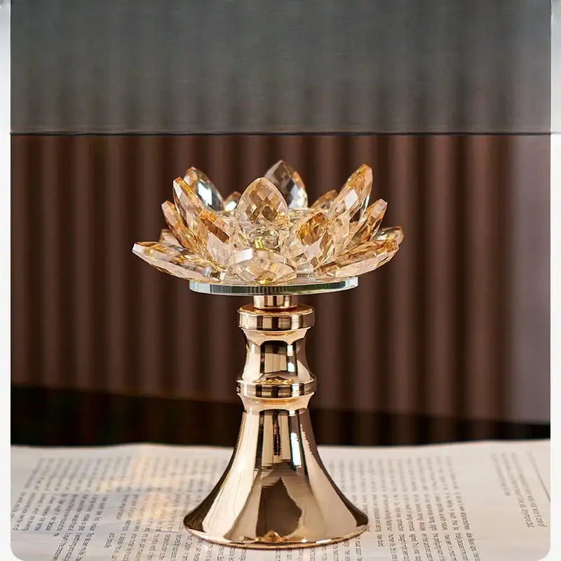 Golden crystal lotus glass flower candle holder with polished metallic base by decorbites home decor accessory