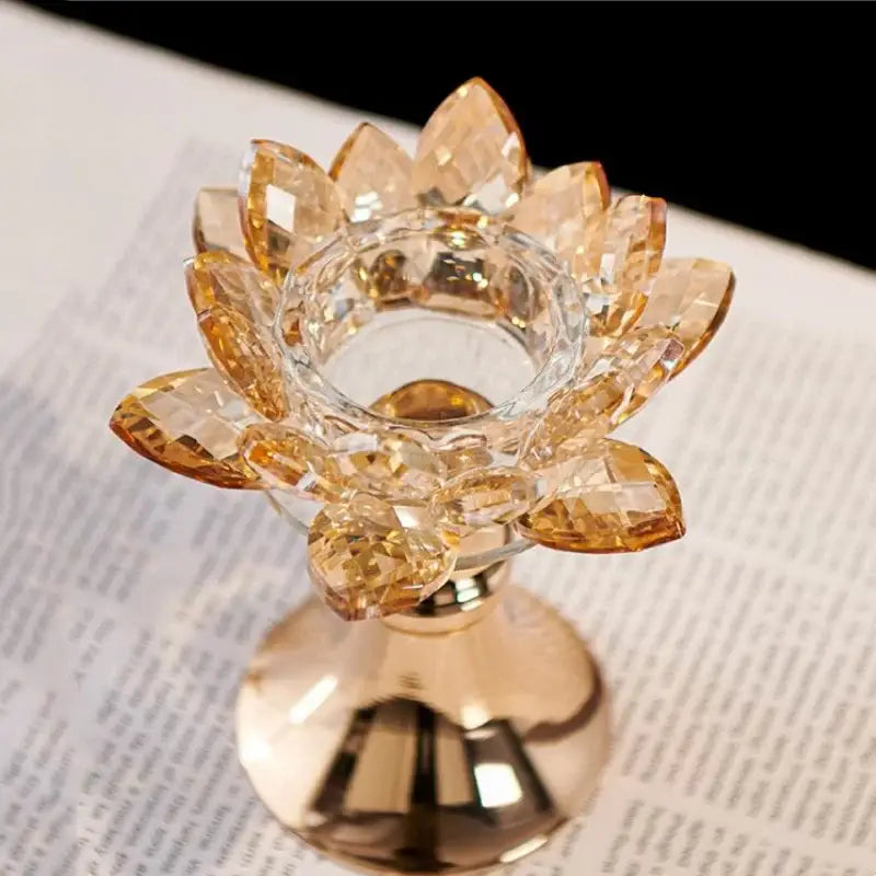 Decorbites™ lotus glass flower crystal candle holder with amber and clear faceted petals on gold-toned base