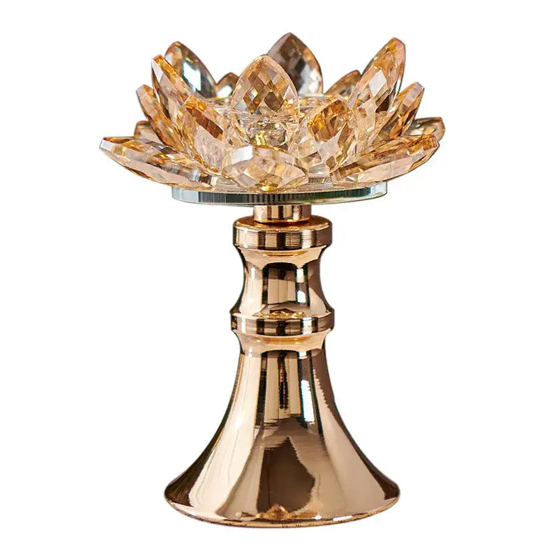 Decorbites™ lotus glass flower crystal candle holder featuring a golden lotus-shaped design with polished metallic base