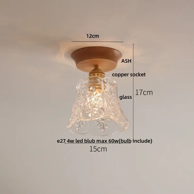 Decorbites lotus glass led ceiling light with clear etched glass bell pendant, brass copper socket, and ash wood mount