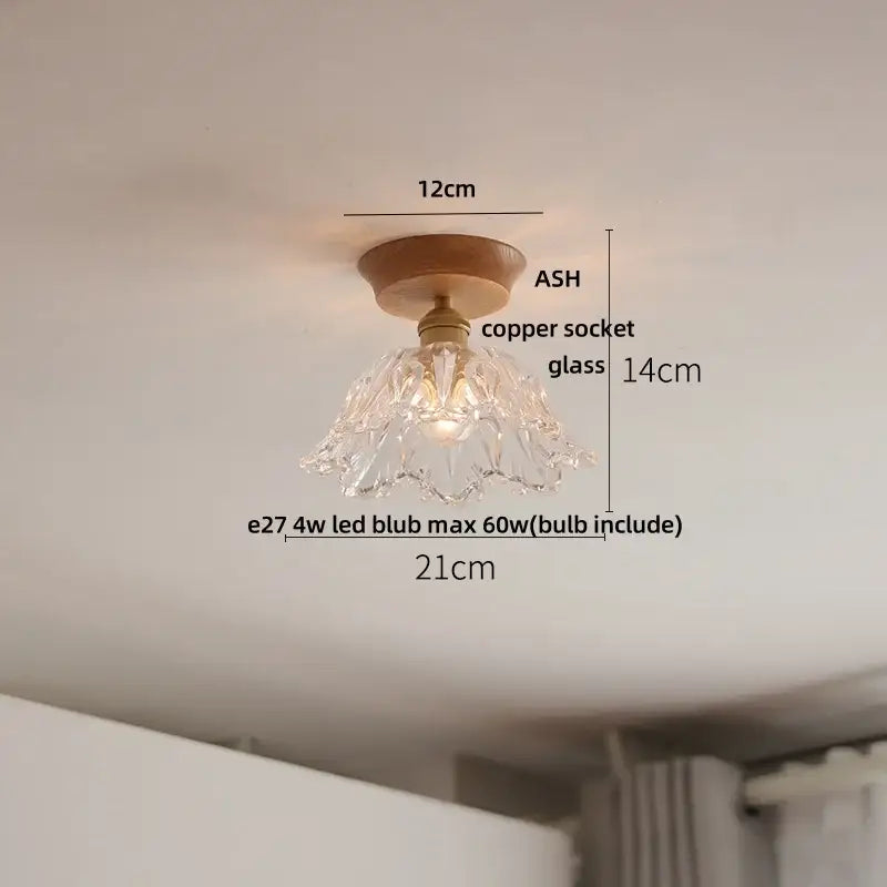 Decorbites lotus glass led ceiling light with clear fluted glass pendant and copper socket on ash wood base