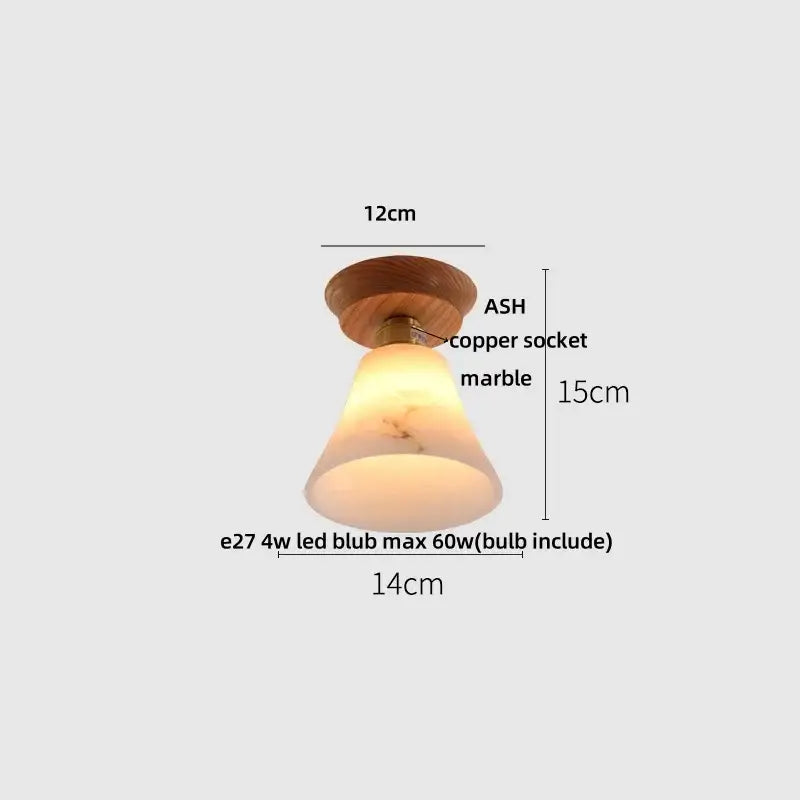 A warm-toned conical marble lampshade ceiling light with natural wood ash base and copper socket from DecorBites Lotus Glass