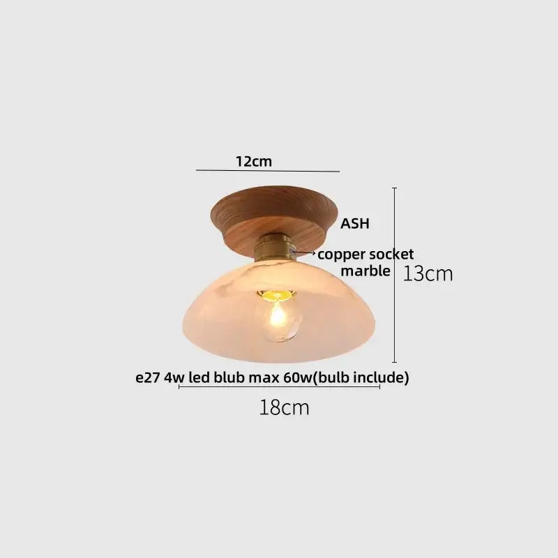 A warm-toned decorbites lotus glass led ceiling light with wooden base copper socket and white ceramic shade in modern nordic design