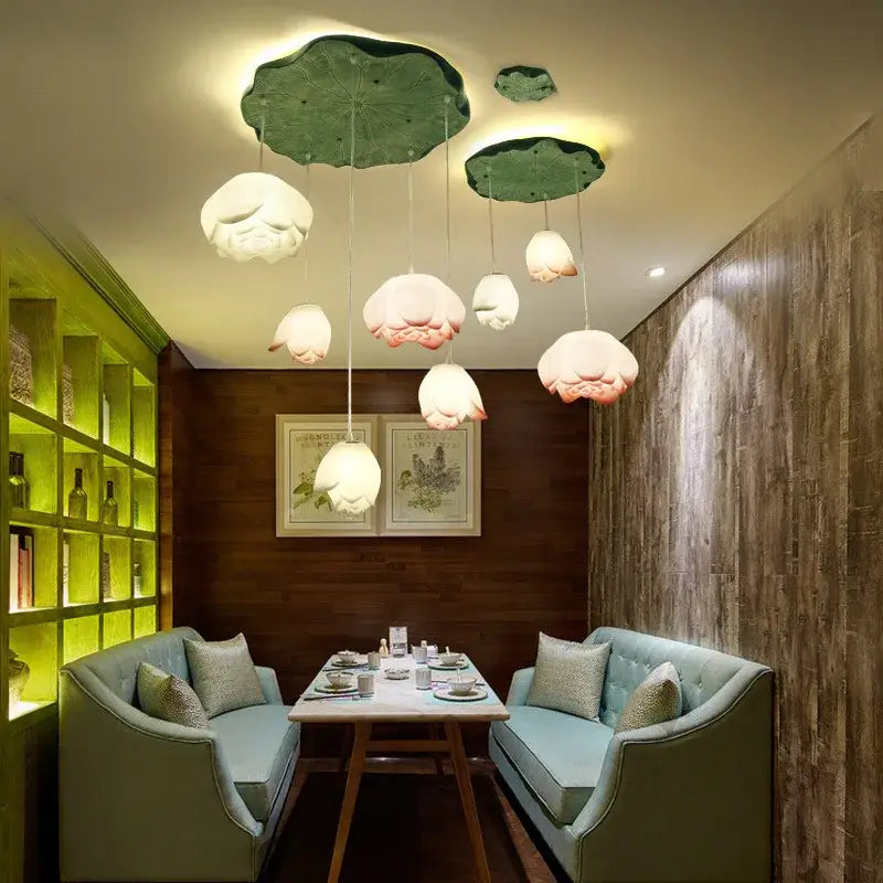 Green and white lotus glass pendant lamps from decorbites lotus glass collection for elegant home lighting decor