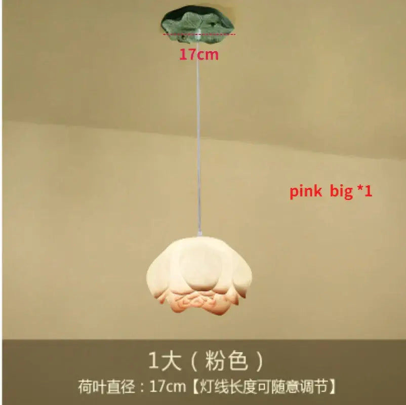 Decorbites lotus glass pendant lamp featuring a delicate pink lotus design with ceramic base and green leaf ceiling mount