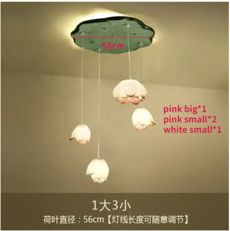 Decorbites lotus glass pendant lamp features a dark green leaf ceiling mount with one large pink and two white glass lampshades