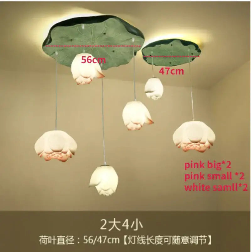 Decorbites lotus glass pendant lamp with green leaf base and hanging white and pink lotus flower glass lamps for home decor