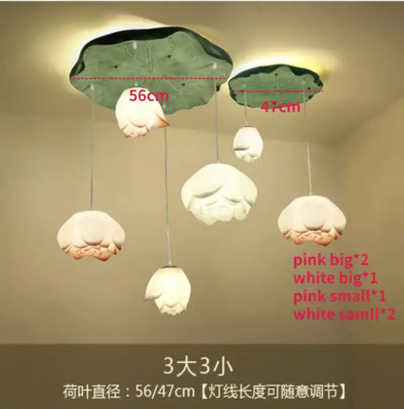 Set of decorbites lotus glass pendant lamps with green ceramic leaves and pink and white lotus glass shades for home decor
