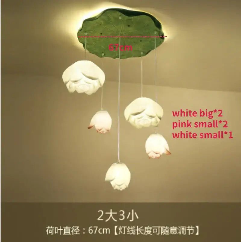 A decorbites lotus glass pendant lamp with a green lotus leaf ceiling fixture and five matte glass flower lamps in white and pink