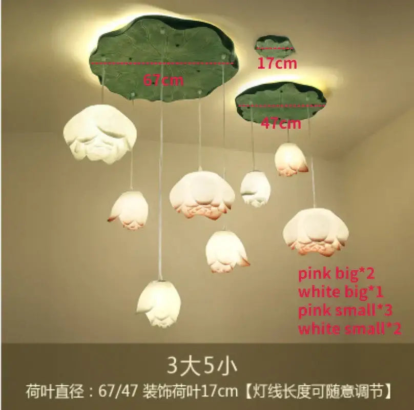 Decorbites lotus glass pendant lamp with green leaf ceiling fixture and hanging pink and white lotus flower lamps
