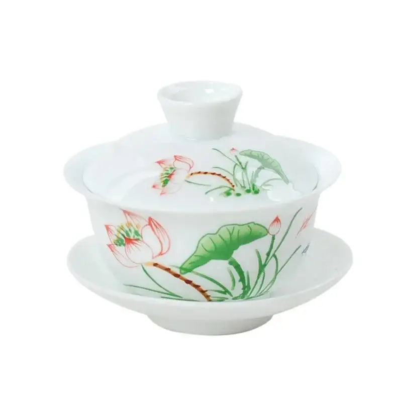 White porcelain gaiwan tea set with hand-painted pink lotus flowers and green lily pads by decorbites lotus