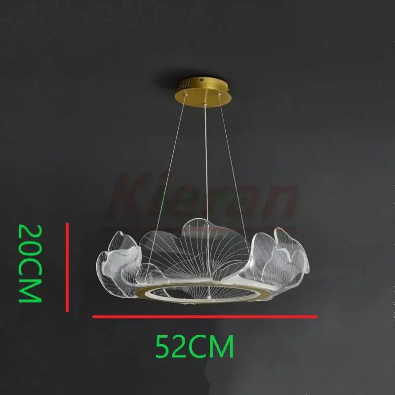 DecorBites lotus leaf pendant light acrylic chandelier with gold circular base and hanging wires for dining room lighting