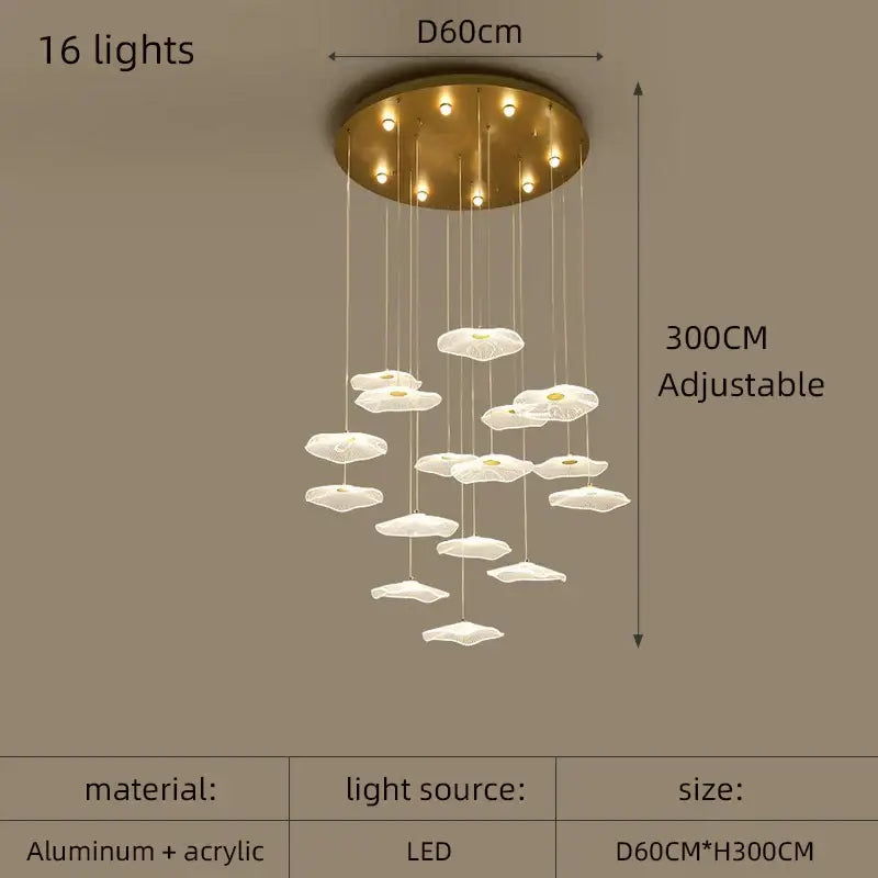 Gold-toned decorbites lotus leaf acrylic nordic led chandelier with 16 white flower-shaped lights for living spaces
