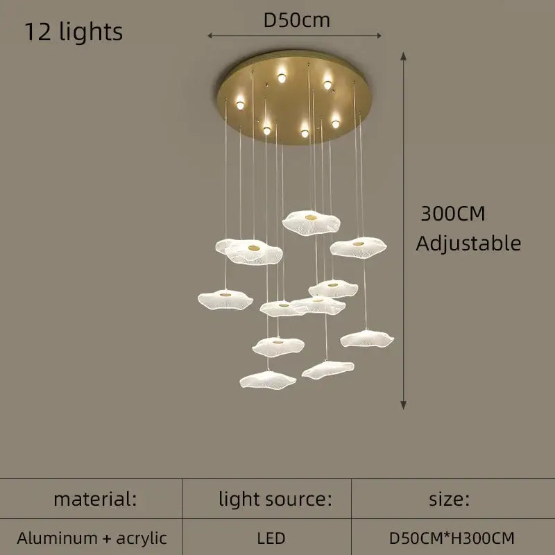 Decorbites lotus leaf acrylic nordic led chandelier white cloud shape with gold ceiling mount 12 adjustable leds