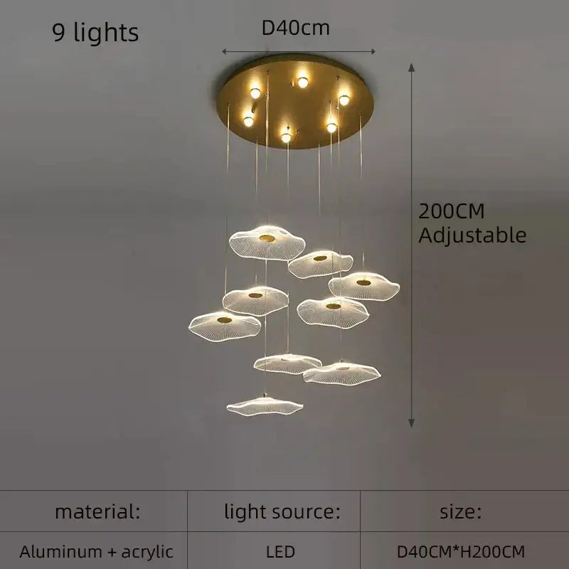 Gold-toned decorbites lotus leaf nordic led chandelier with nine cloud-shaped acrylic pendant lights for living room
