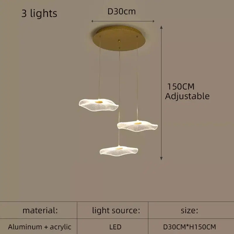 Gold-toned decorbites lotus leaf acrylic nordic LED chandelier with three white fan-shaped shades suspended by cords