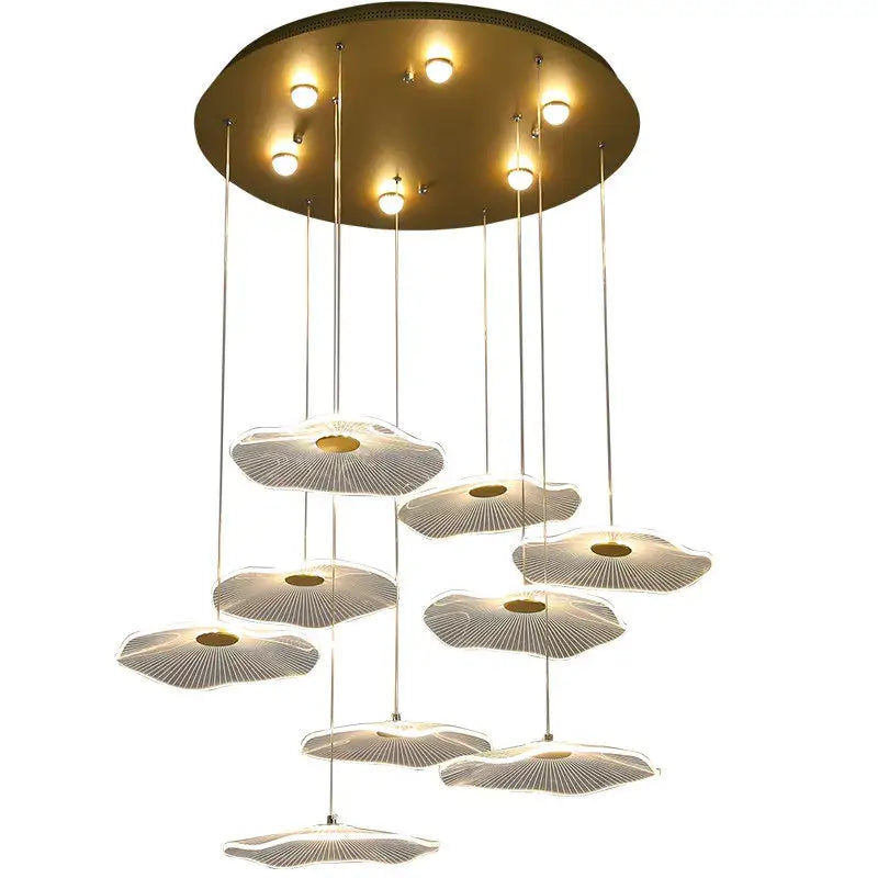 Gold-toned decorbites lotus leaf acrylic Nordic LED chandelier with hanging cloud-shaped light panels for living spaces