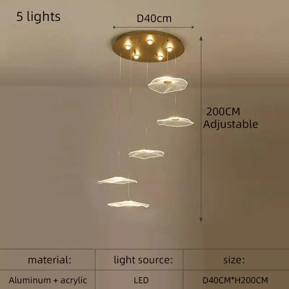 Gold-toned circular DecorBites lotus leaf LED chandelier with five adjustable cloud-shaped acrylic pendants for living spaces