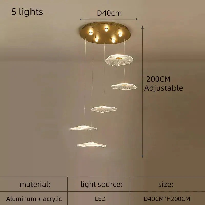 Gold-toned circular DecorBites lotus leaf LED chandelier with five adjustable cloud-shaped acrylic pendants for living spaces