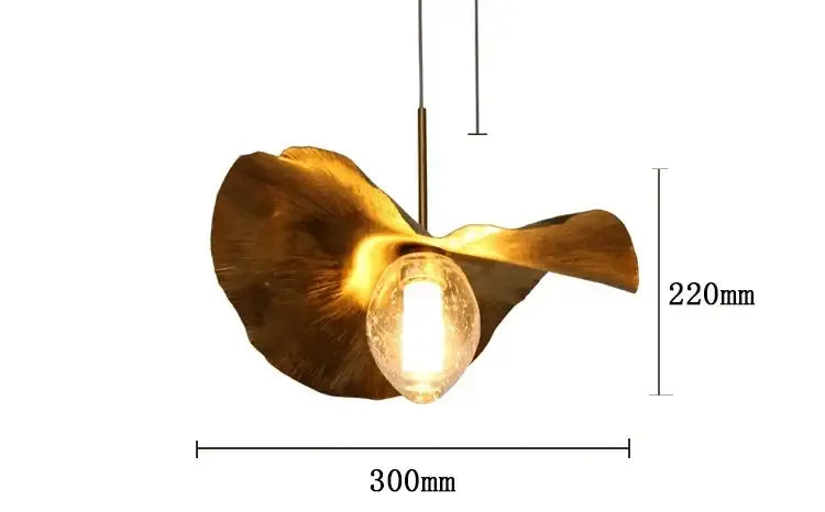Decorbites lotus leaf pendant lamp with golden textured brass leaf and oval glass bulb for minimalist living and dining room