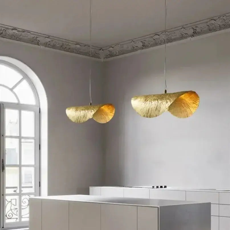 Golden lotus leaf brass pendant lamp by decorbites with textured finish for minimalist living and dining rooms
