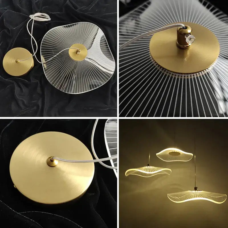 Modern gold-toned decorbites lotus leaf chandelier with clear fan-shaped acrylic shade and thin metallic ribs for living room