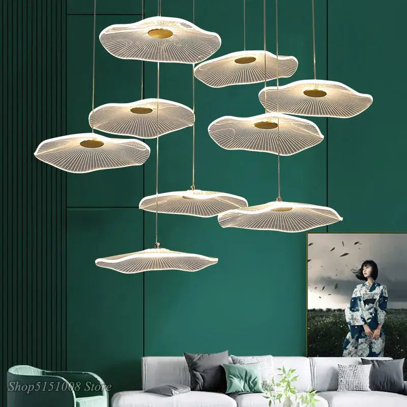 Modern white acrylic lotus leaf chandelier with gold centers from decorbites lotus leaf for villa and hotel lighting