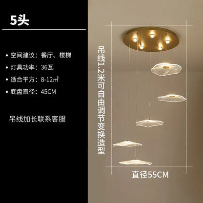 Gold-toned DecorBites Lotus Leaf chandelier with five cloud-shaped acrylic LED pendant lights for modern luxury spaces