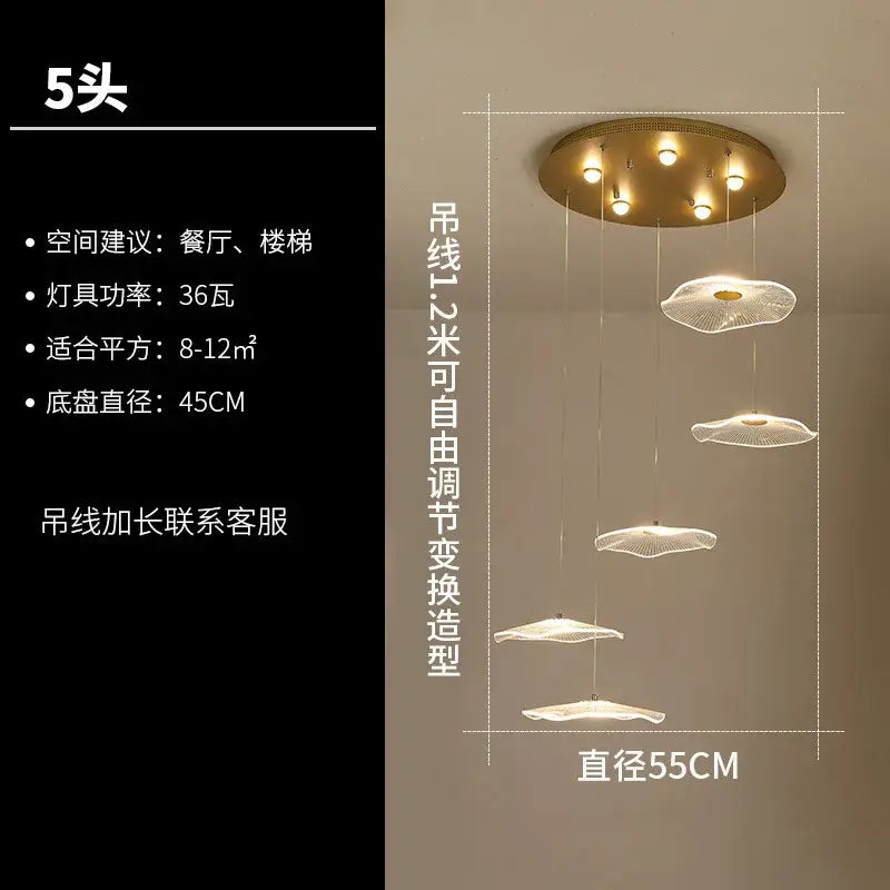 Gold-toned DecorBites Lotus Leaf chandelier with five cloud-shaped acrylic LED pendant lights for modern luxury spaces