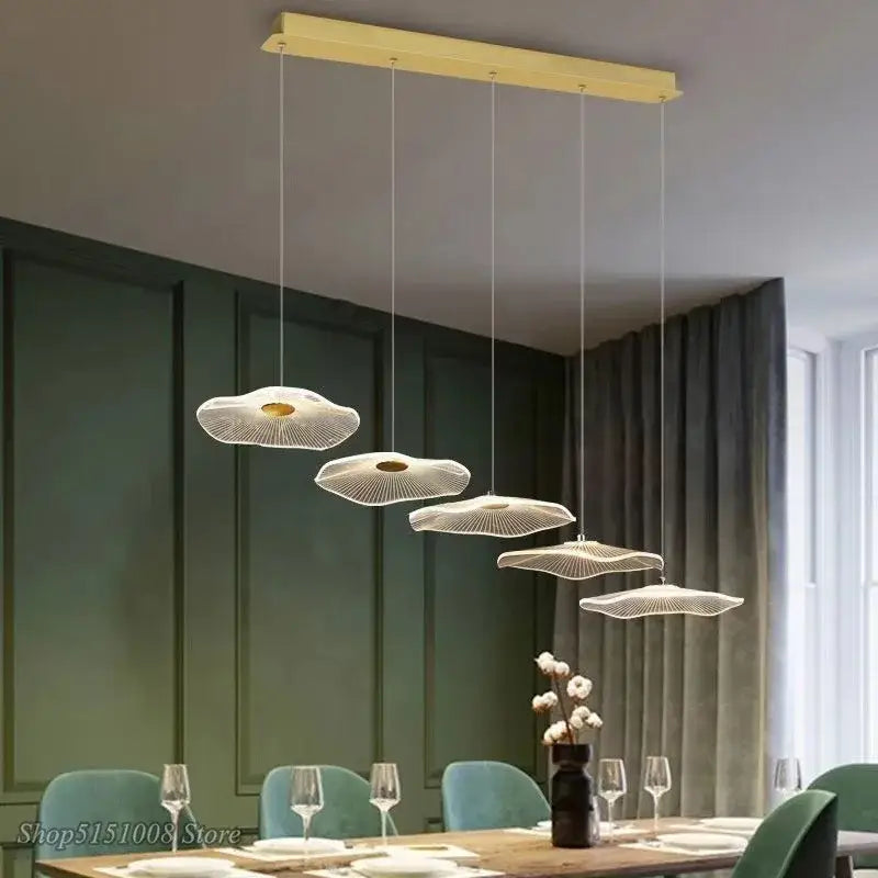 Modern gold-accented decorbites lotus leaf chandelier with cloud-shaped white mesh shades for villa or living room lighting