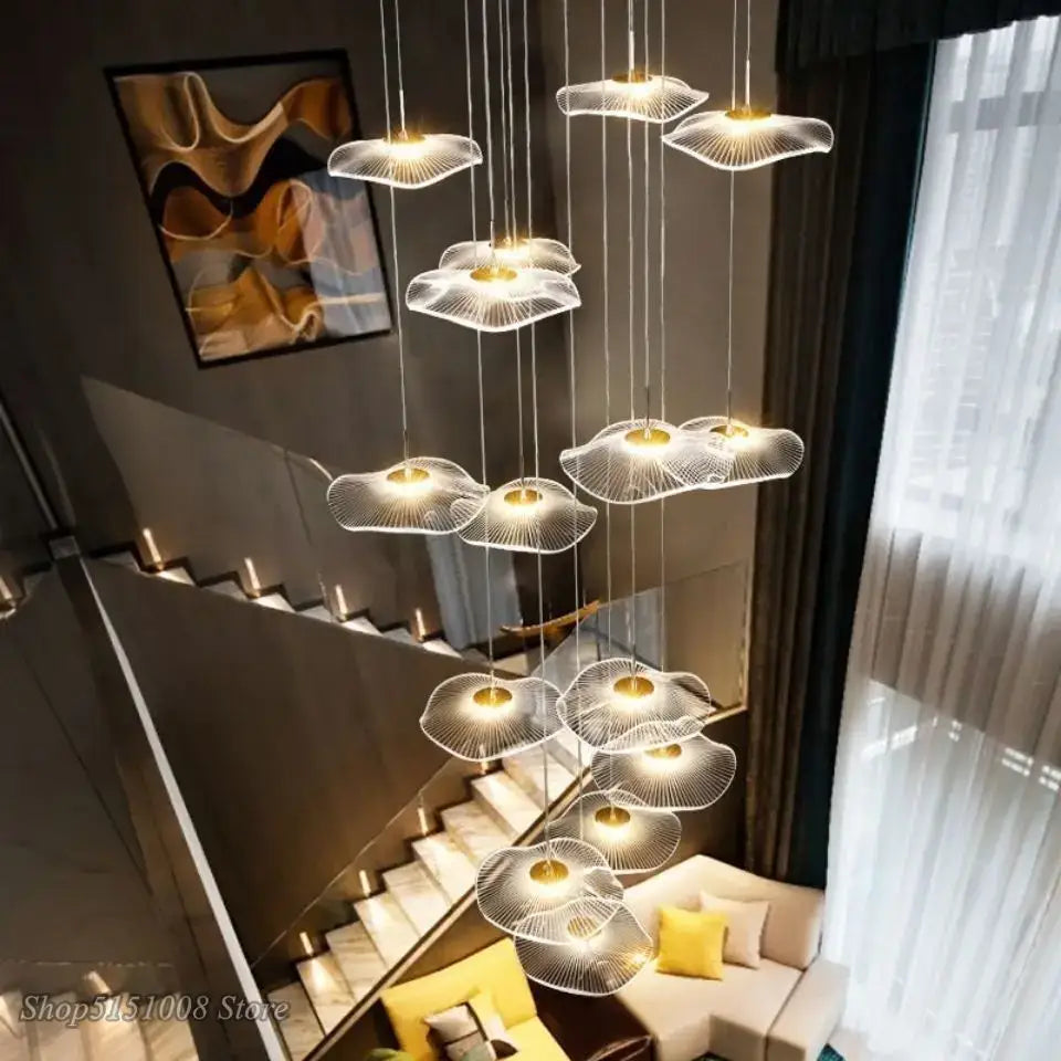 Modern tiered decorbites lotus leaf chandelier with translucent petal-shaped glass shades and gold-toned metal accents