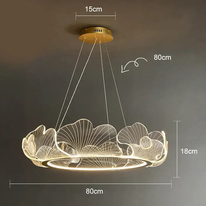 A modern decorbites lotus leaf chandelier with gold ceiling mount and translucent acrylic shades for living spaces