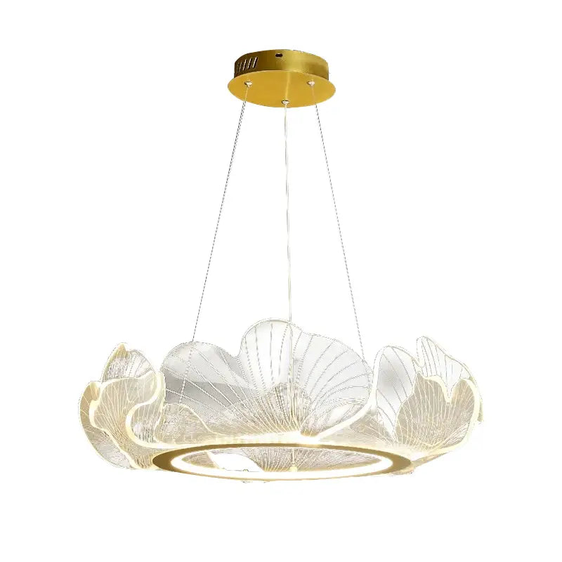Elegant white acrylic lotus leaf chandelier with gold-toned metal accents and circular LED ring by decorbites lotus