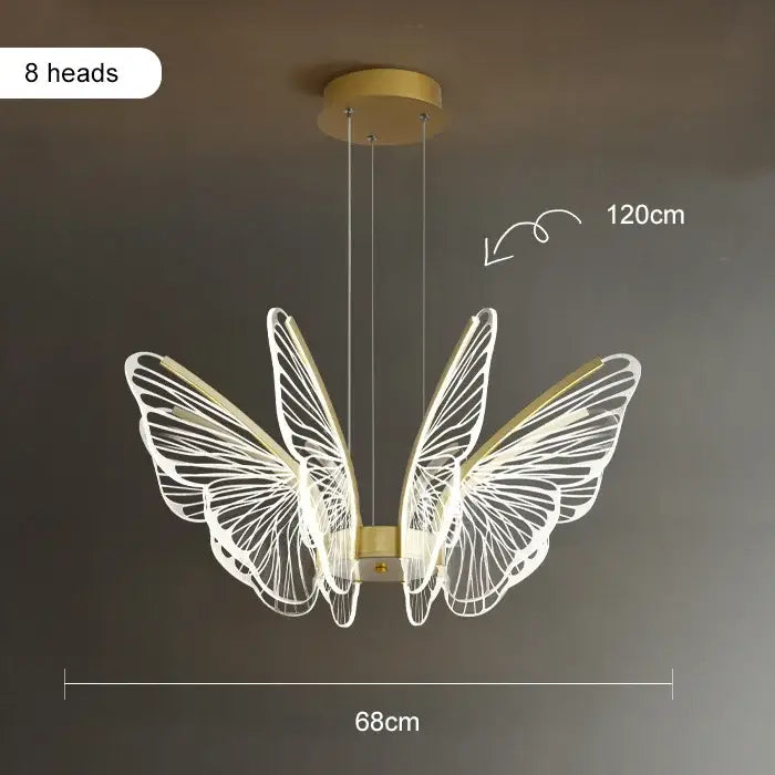 Gold-toned butterfly-shaped decorbites lotus leaf chandelier with translucent wings and eight lights for modern interiors