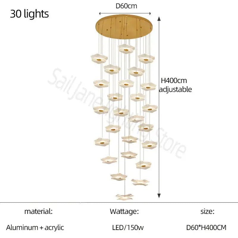 A modern nordic decorbites lotus leaf chandelier with 30 led lights on an aluminum and acrylic circular base