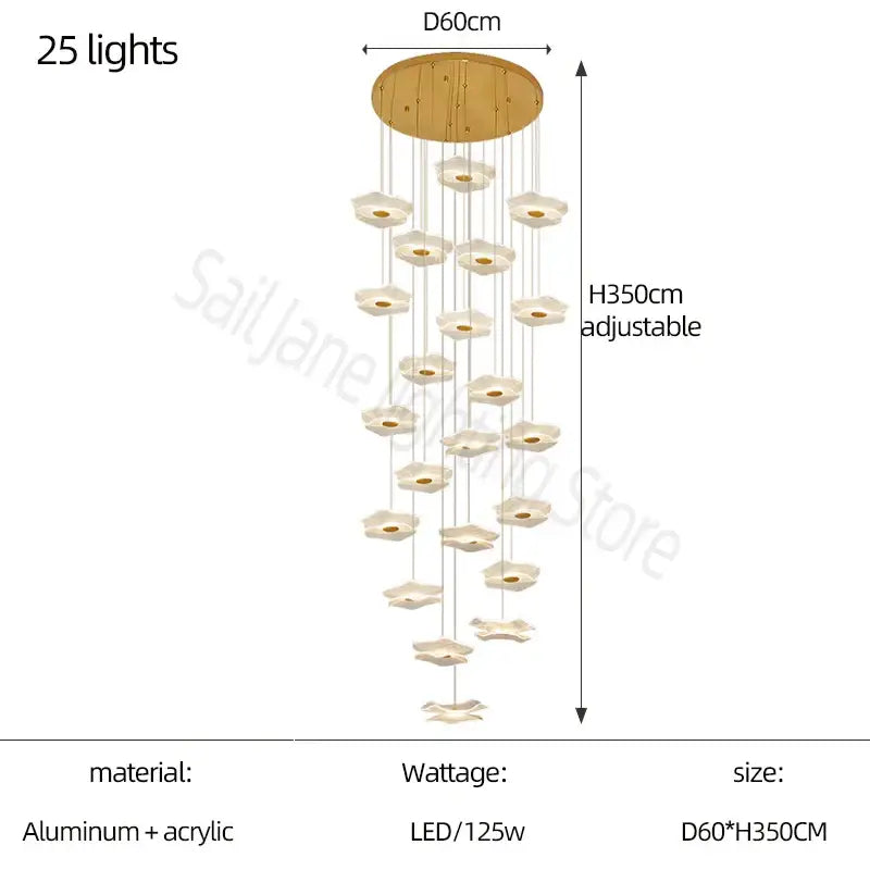 A decorbites lotus leaf chandelier with 25 led lights and cream acrylic petals on aluminum base for modern living spaces