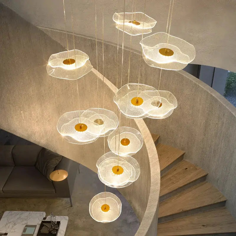 Modern decorbites lotus leaf chandelier with delicate mesh design and warm golden centers hanging above staircase