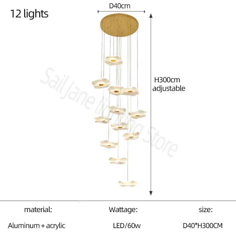 Decorbites lotus leaf chandelier with 12 led lights and white acrylic flower shades on wooden circular top for modern interiors