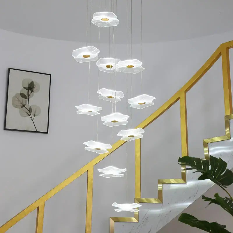 Decorbites lotus leaf chandelier with translucent petal-shaped fixtures and golden centers for modern living rooms