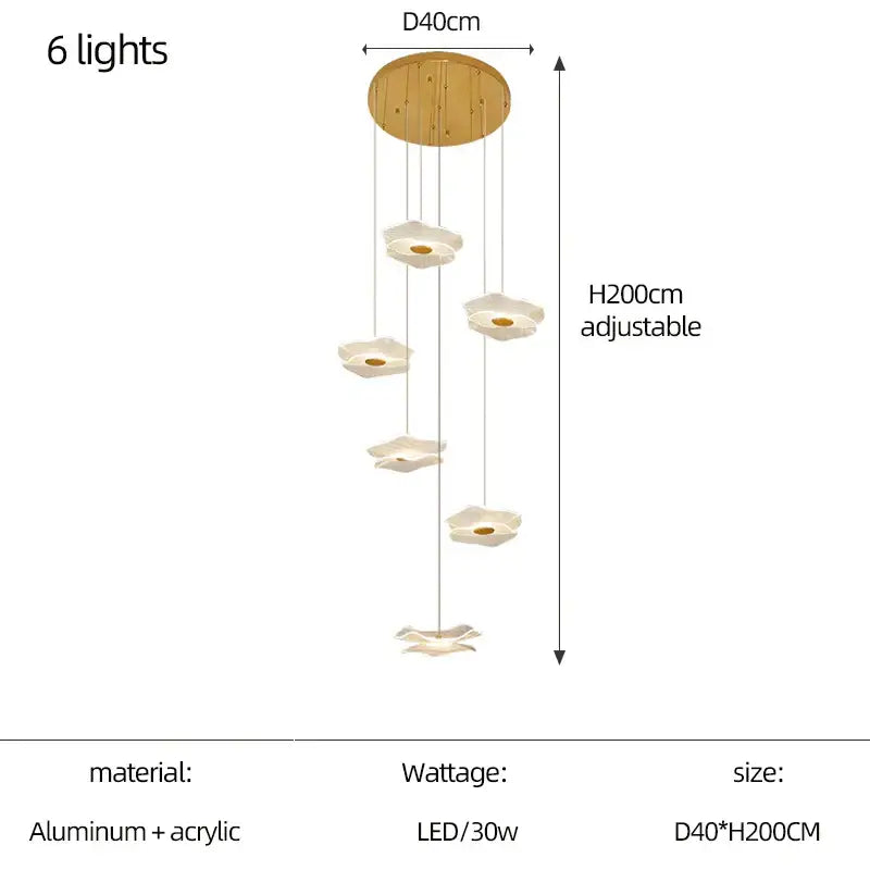 A modern decorbites lotus leaf chandelier with six white flower-shaped acrylic shades and a wooden ceiling mount